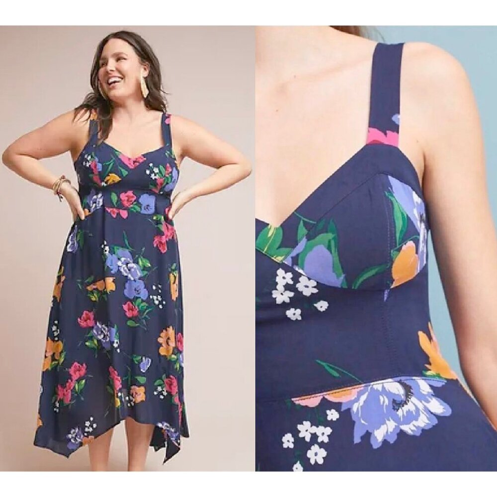 Anthropologie Navy Floral Handkerchief-Hem Midi Dress - Picture 2 of 6